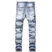 Men Snake Embroidery Jeans Holes Ripped Blue Stretch Denim Pants Slim Tapered Trousers_mkmklike.com