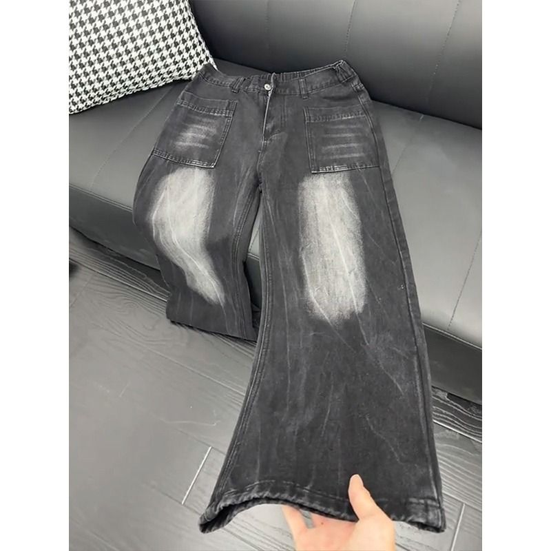 Men's American Retro Lightning Bolt Pattern Jeans Mid Waist Straight Leg Loose Fit Casual Pants With Pockets Gray Blue_mkmklike.com