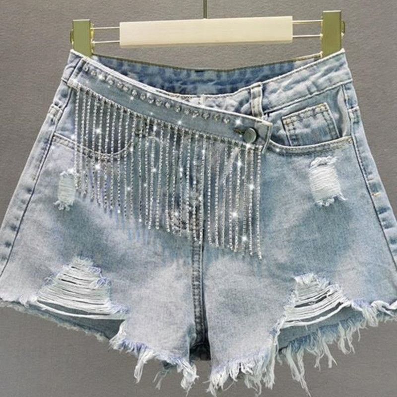 Women's Denim Shorts 2026 Summer New European Style Loose Slimming Ripped Rhinestone Tassel A-line Wide-leg Hot Pants_mkmklike.com