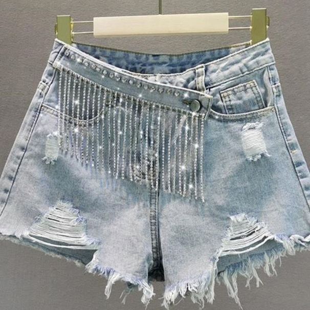 Women's Denim Shorts 2026 Summer New European Style Loose Slimming Ripped Rhinestone Tassel A-line Wide-leg Hot Pants_mkmklike.com