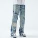 Unique Patchwork Washed Jeans For Men American High Street Trendy Brand Straight Loose Design Deconstructed Long Pants_mkmklike.com