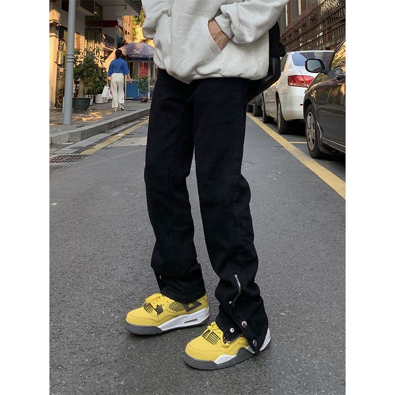 Nordmann Black Cargo Jeans For Men, Straight Loose Fit, American Vibe Style, High Street Buttoned Split Flared Pants_mkmklike.com