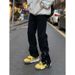 Nordmann Black Cargo Jeans For Men, Straight Loose Fit, American Vibe Style, High Street Buttoned Split Flared Pants_mkmklike.com