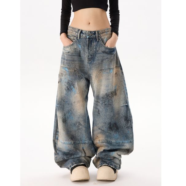 Men's High Street Distressed Patchwork Wide Leg Jeans | Vintage Graffiti Design | Loose Fit Retro Denim Pants_mkmklike.com