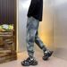 Light Blue Heavy Duty Jacquard Jeans For Men Slim Fit Elastic Waist Trendy Autumn Winter New_mkmklike.com