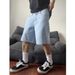 Retro Washed Denim Shorts For Men – Vintage-Inspired Mid-Thigh Casual Shorts, Relaxed Fit With Button Fly & Frayed Hem_mkmklike.com