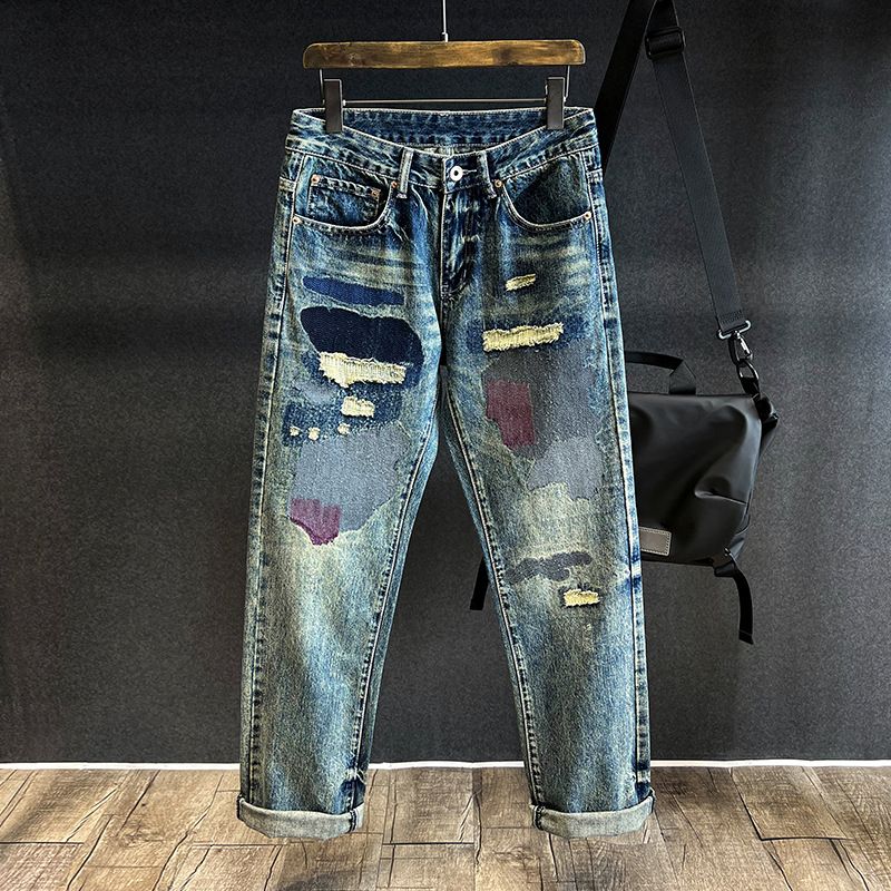 Men’s Distressed Embroidered Straight-Leg Jeans – Relaxed Fit Patchwork Denim Pants With Vintage Wash_mkmklike.com