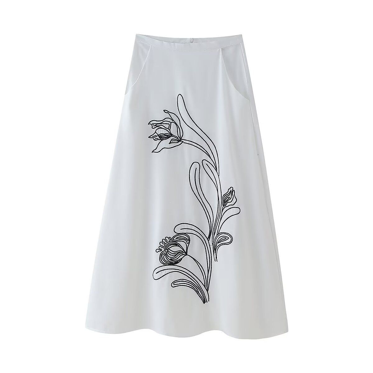 Women's clothing temperament slim fit embroidered solid color versatile skirt_mkmklike.com