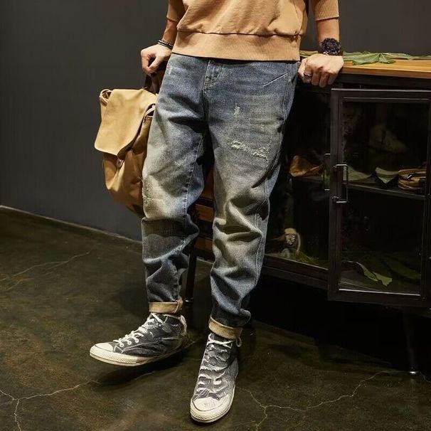 Harlan Pants Men's Jeans Scratched Trend Japanese Youth Spring And Autumn New Elastic Cone Small Straight Loose Large Size_mkmklike.com