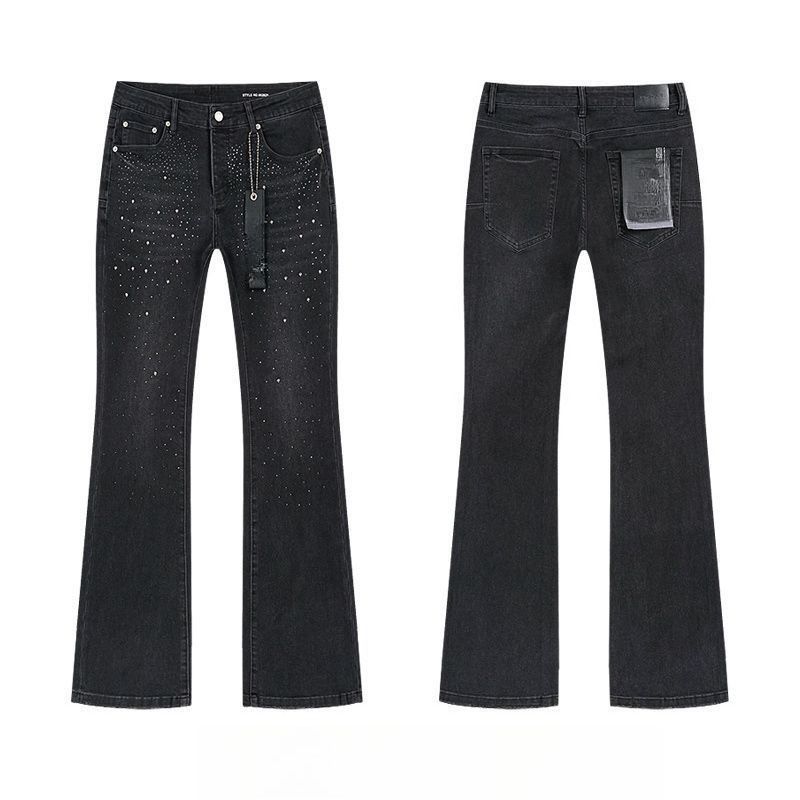 Unisex High-Rise Flared Jeans, Matte Black Gradient With Heart Rhinestones, Y2K Summer Streetwear_mkmklike.com