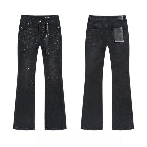 Unisex High-Rise Flared Jeans, Matte Black Gradient With Heart Rhinestones, Y2K Summer Streetwear_mkmklike.com