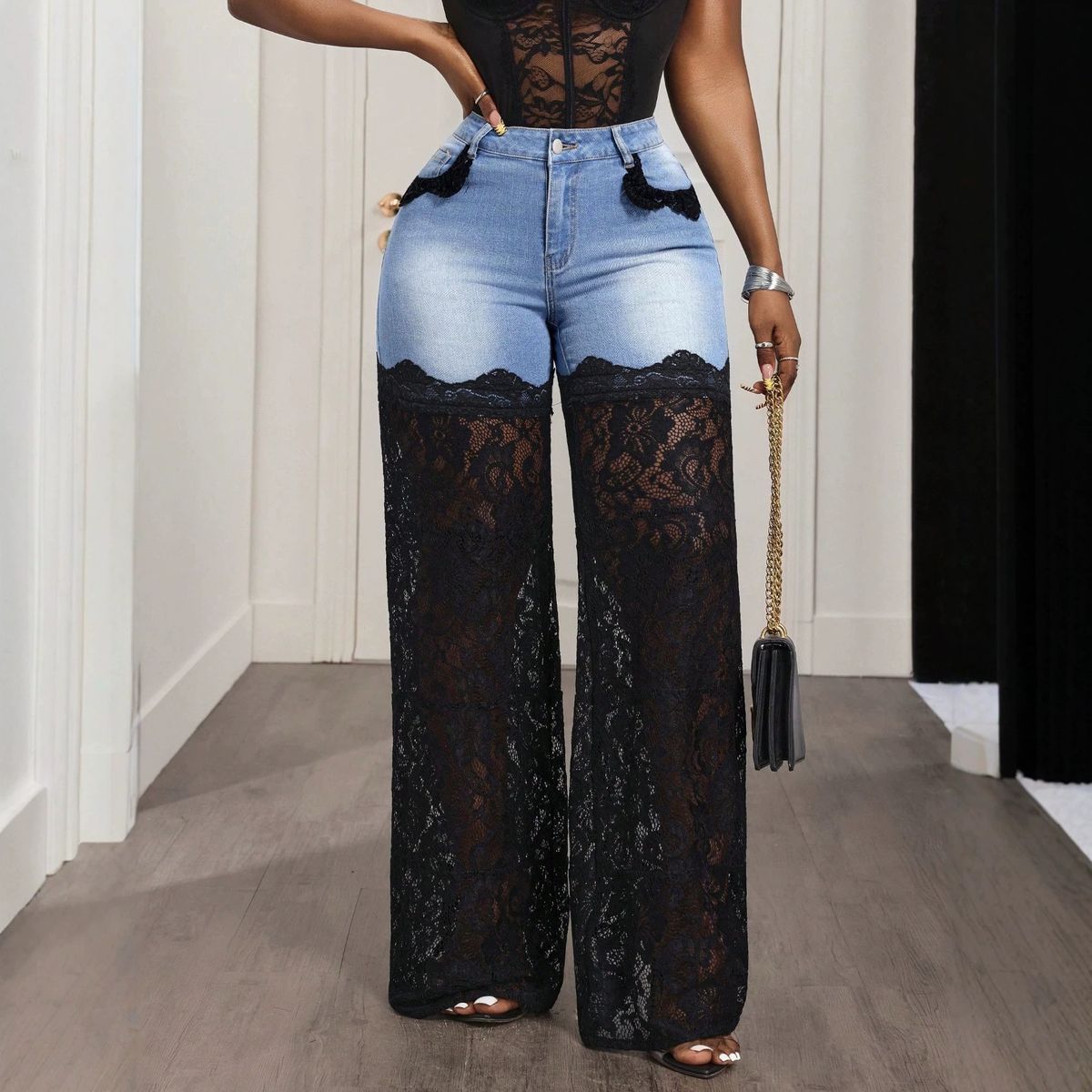 Women's High-Waisted Washed Denim Jeans Lace Trimmed Patchwork Style_mkmklike.com