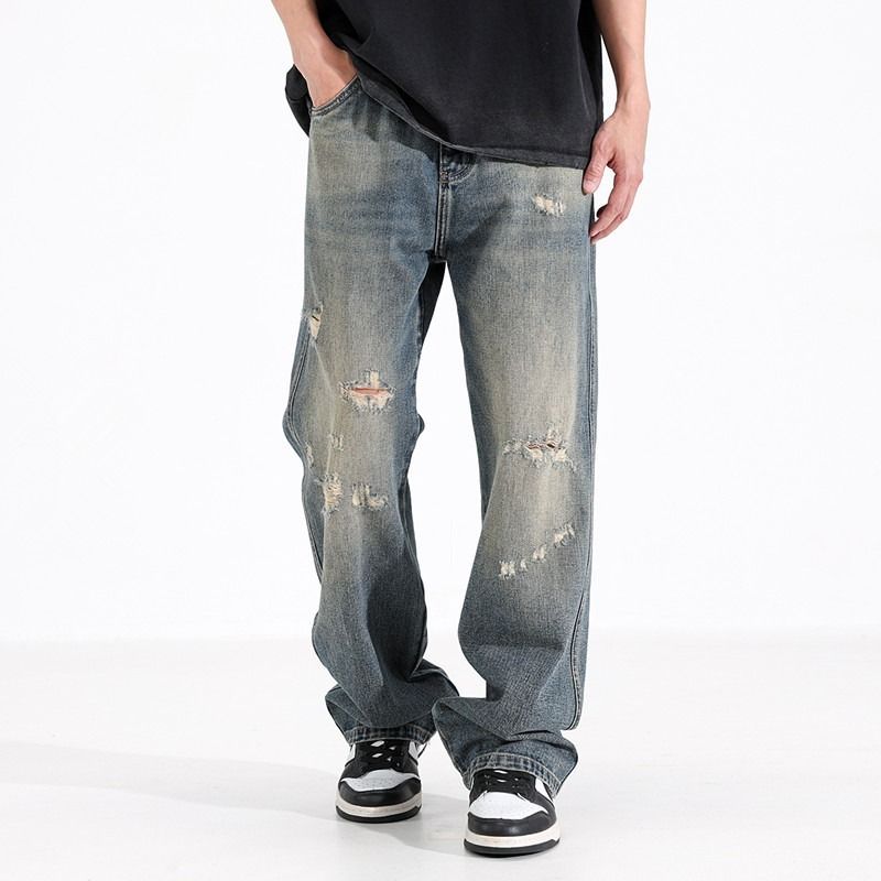 Men's Clothing Men's Distressed Denim Jeans - Relaxed Straight Leg Ripped Casual Pants For Summer, Lightweight & Comfortable_mkmklike.com