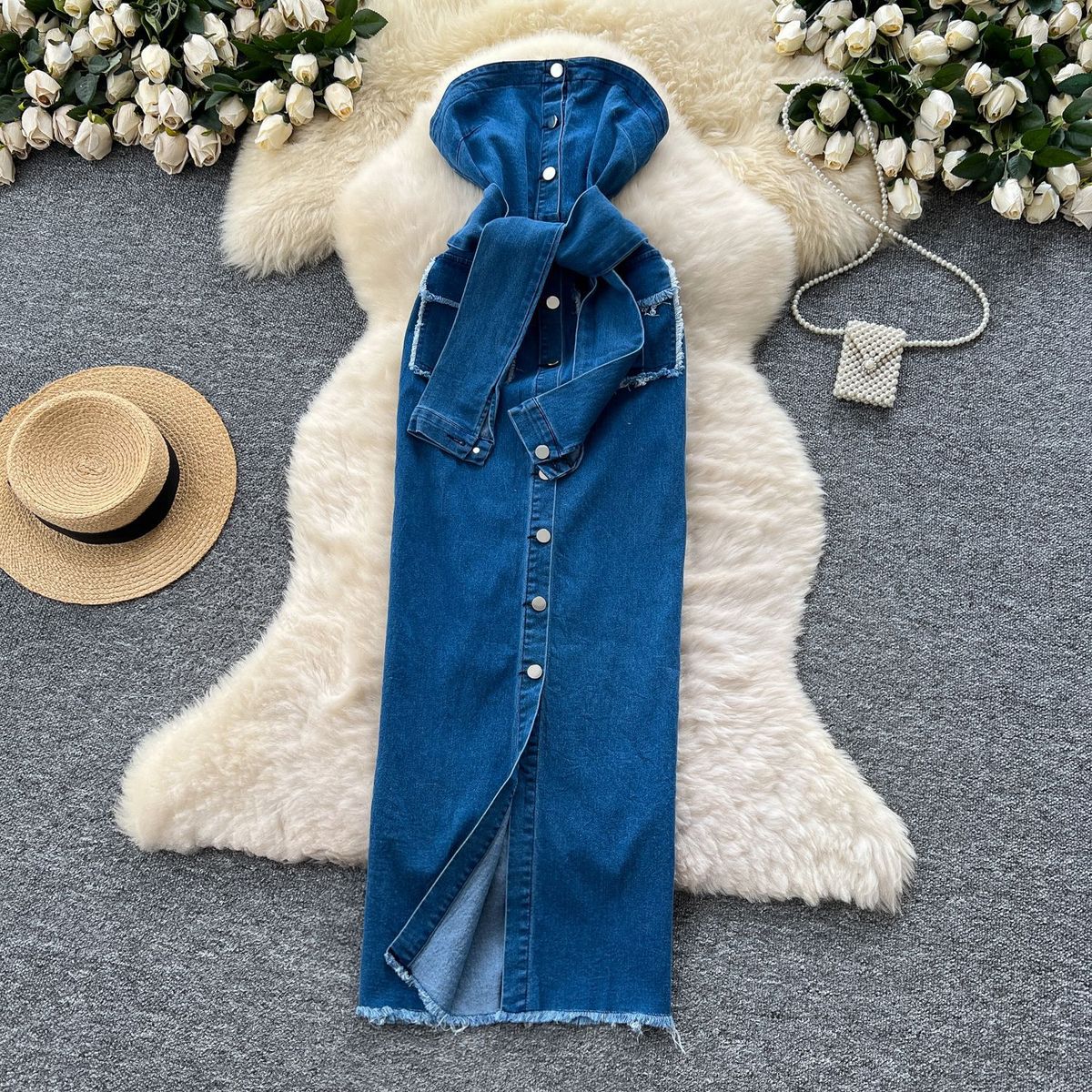 Women's Clothing Retro Hottie Sleeveless Strap Waisted Raw Edge Denim Dress Women's Single Breasted Slim Tube Top Long Skirt_mkmklike.com