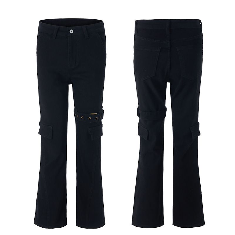 Men's Black Cleanfit Denim Pants – Slim Straight Leg With Adjustable Belt Loops & Vintage Wash For Streetwear Style_mkmklike.com