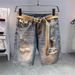 Vintage Distressed Denim Shorts For Men - Relaxed Fit Patchwork Cargo Shorts With Ripped Details, Light Blue_mkmklike.com