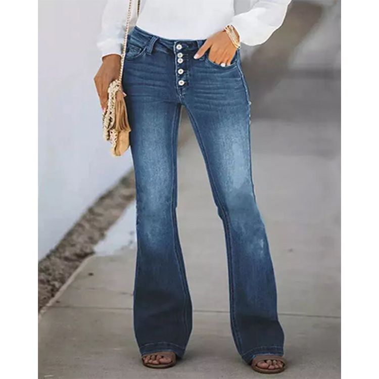 Vintage High-Waisted Flared Jeans For Women - Stretch Denim With Multiple Buttons & Washed Finish - Plus Size Available_mkmklike.com