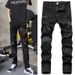 Men's Slim Fit Stretch Jeans Distressed Ink Splatter Embroidered Black Patchwork Studded Metallic Trendy And Stylish Jeans_mkmklike.com