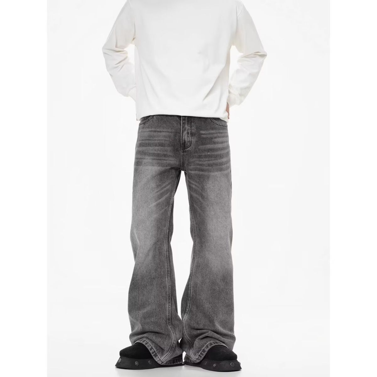 Retro Cleanfit Washed Distressed Jeans Slightly Flared Loose Straight Leg Pants For Men And Women Floor Length Trendy Denim_mkmklike.com