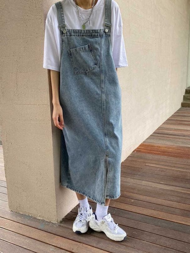 K Women's New Retro Loose Mid-Length Denim Strap Dress For Hip Hiding_mkmklike.com