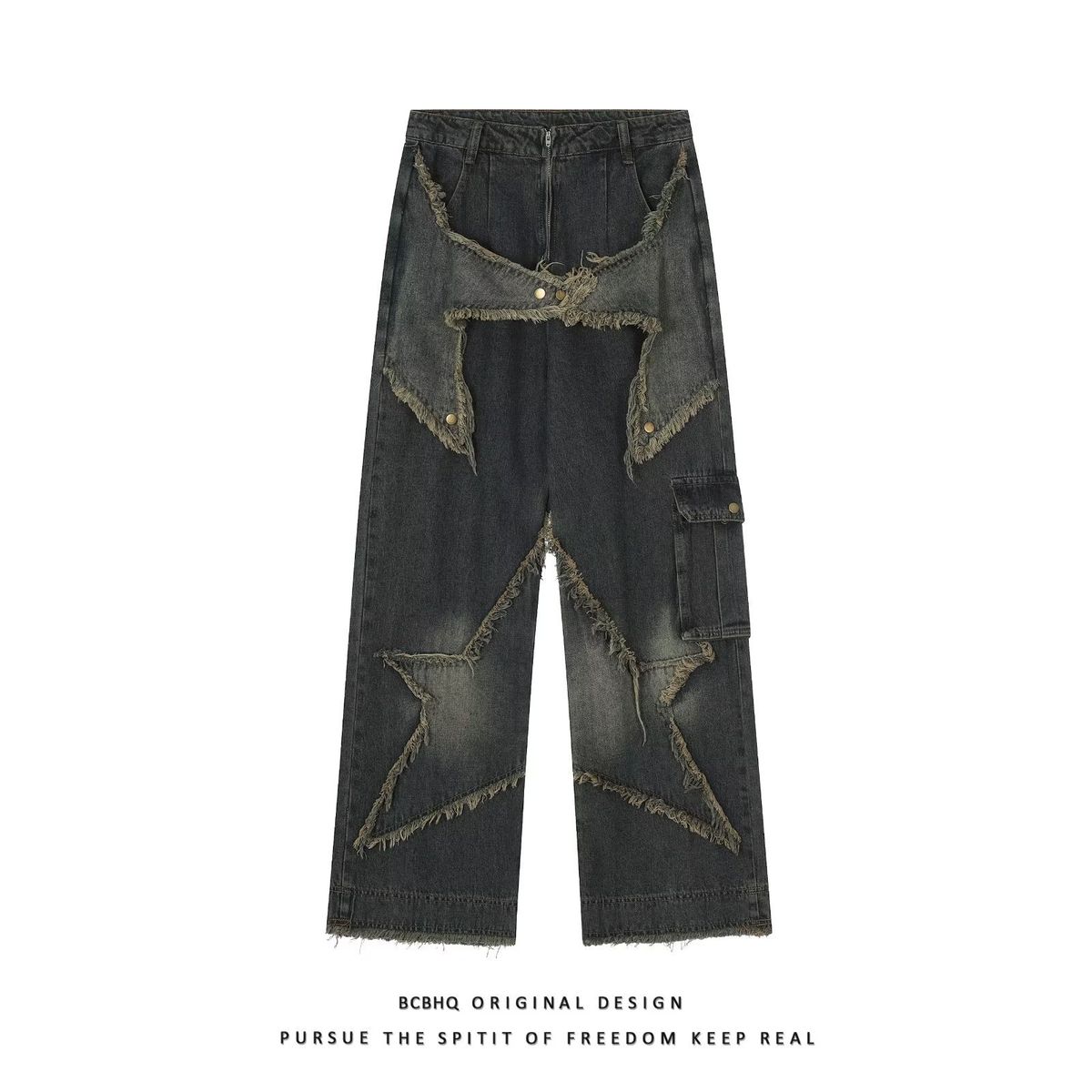 Men's Clothing High Street Star Patch Jeans Retro Trendy Straight Niche Wide Leg Trousers_mkmklike.com