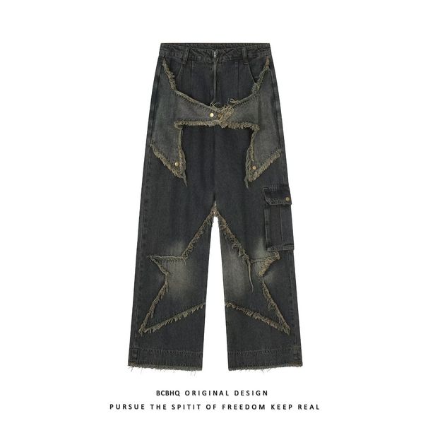 Men's Clothing High Street Star Patch Jeans Retro Trendy Straight Niche Wide Leg Trousers_mkmklike.com