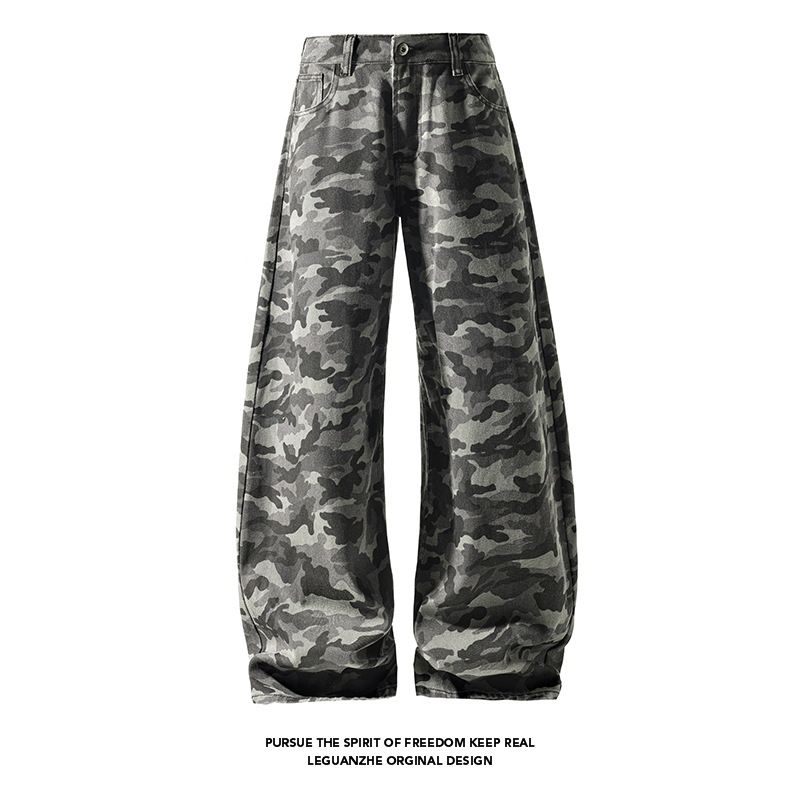 American-style Camouflage Jeans For Men, Autumn High Street Fashion Brand, Large Size, Loose Wide-leg Floor-length_mkmklike.com