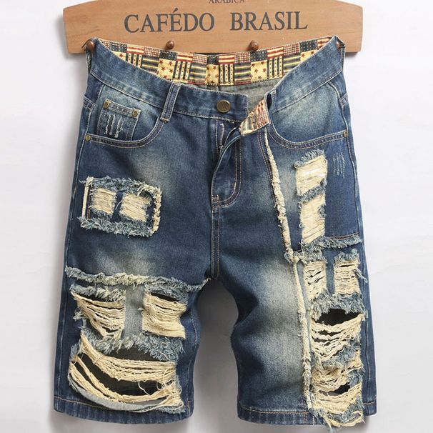 Men's Retro Fashion Distressed Denim Shorts Non-Stretch Straight Leg Loose Fitting Mid-Length Pants_mkmklike.com