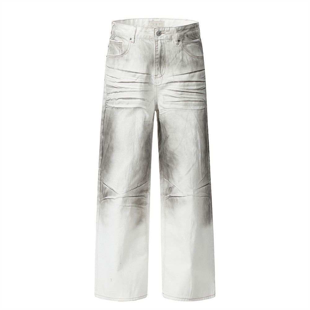 American High Vintage White Jeans Men's Loose Fit Cool Hip-Hop Street Style Straight Pants Long Trousers_mkmklike.com