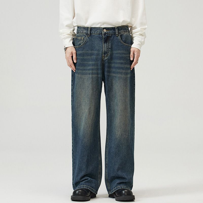 Men's Retro Black And Gray Elastic Waist Jeans Loose Straight Leg Wide Leg Floor Length Pants Unisex_mkmklike.com