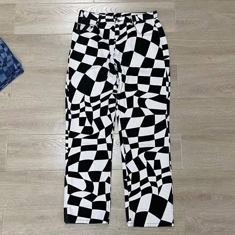 Pulse Men's Washed Jeans European And American Style Personalized Diamond Pattern Printed Straight Casual Pants SU2548_mkmklike.com
