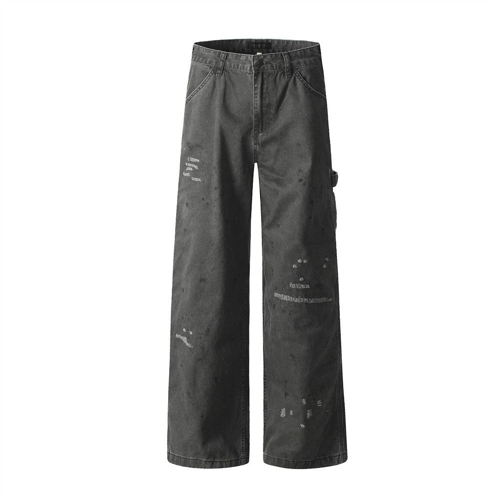 Ink-Splattered Distressed Straight-Leg Jeans For Men Loose Design Sense Niche Trend Hip-Hop Wide-Leg Floor-Length Pants_mkmklike.com