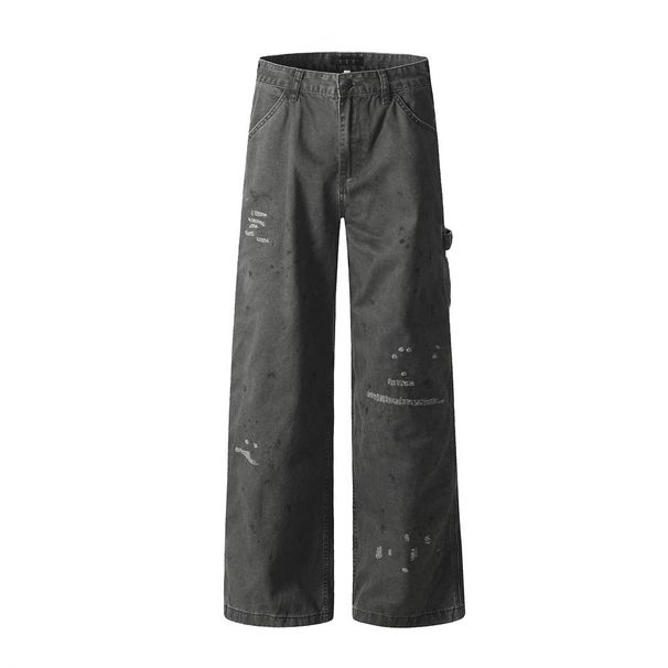 Ink-Splattered Distressed Straight-Leg Jeans For Men Loose Design Sense Niche Trend Hip-Hop Wide-Leg Floor-Length Pants_mkmklike.com