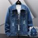 Spring And Autumn Trendy Brand Ripped Denim Jacket Men's Trend Ruffian Handsome Loose Large Size Tooling Jacket Spring Clothes_mkmklike.com