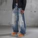 Men's Classic Blue Washed Straight Leg Jeans - Vintage Denim Pants With Hand-Painted Details Relaxed Straight Fit_mkmklike.com