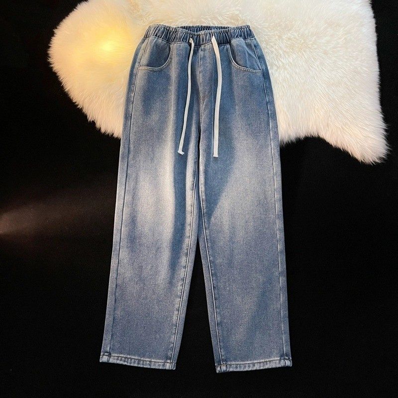 Fleece-Lined Thickened Jeans Girls, Autumn Winter 2024 New Style, Elastic Waist Straight-Leg Pants For Middle And High_mkmklike.com