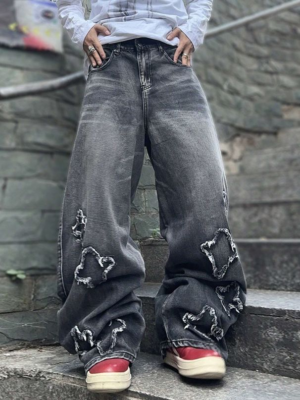 Men's Clothing Men's High-Waisted Straight Leg Jeans Style Washed Distressed Star Patch Loose Fit For Formal & Casual_mkmklike.com