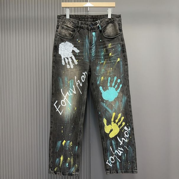 Men's Streetwear Denim Jeans High-Fashion Straight Leg With Vintage Wash & Graphic Print (28-40) – Retro Black-Grey Cotton Pants For Urban Styling_mkmklike.com