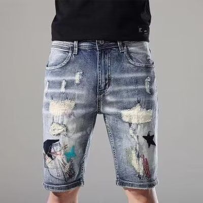 Men's Distressed Denim Shorts With Vintage Print - Comfortable Cotton Casual Streetwear For Summer_mkmklike.com
