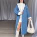 Oversized Denim Trench Coat With Patchwork Design – Long Sleeve, Relaxed Fit, Mid-Length Casual Jacket For Women (Blue, S-3xl)_mkmklike.com
