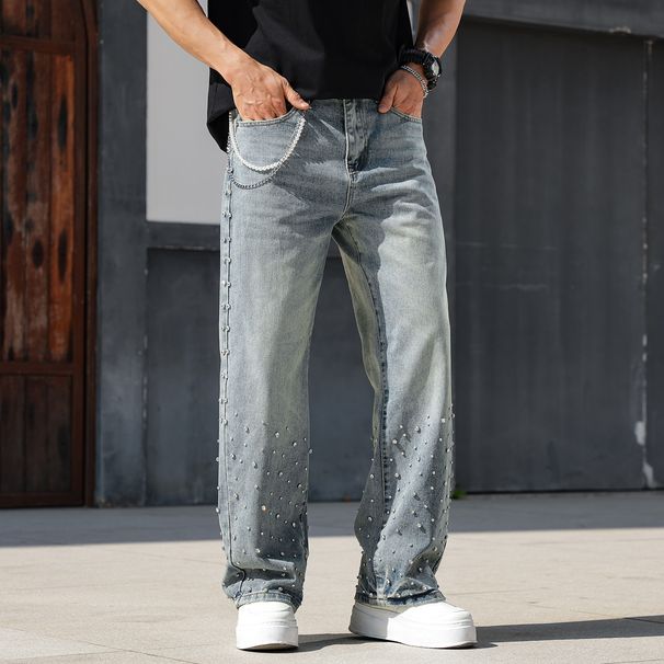 Men's Trendy Loose Straight Leg Jeans Midweight Cotton Black Blue Wide Leg Pants With Diamonds American Style_mkmklike.com