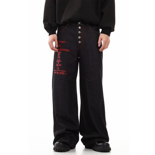 Men's Raw Denim Jeans – Embroidered Lettering & Button Fly – Relaxed Wide-Leg Straight Fit (S-3XL)_mkmklike.com