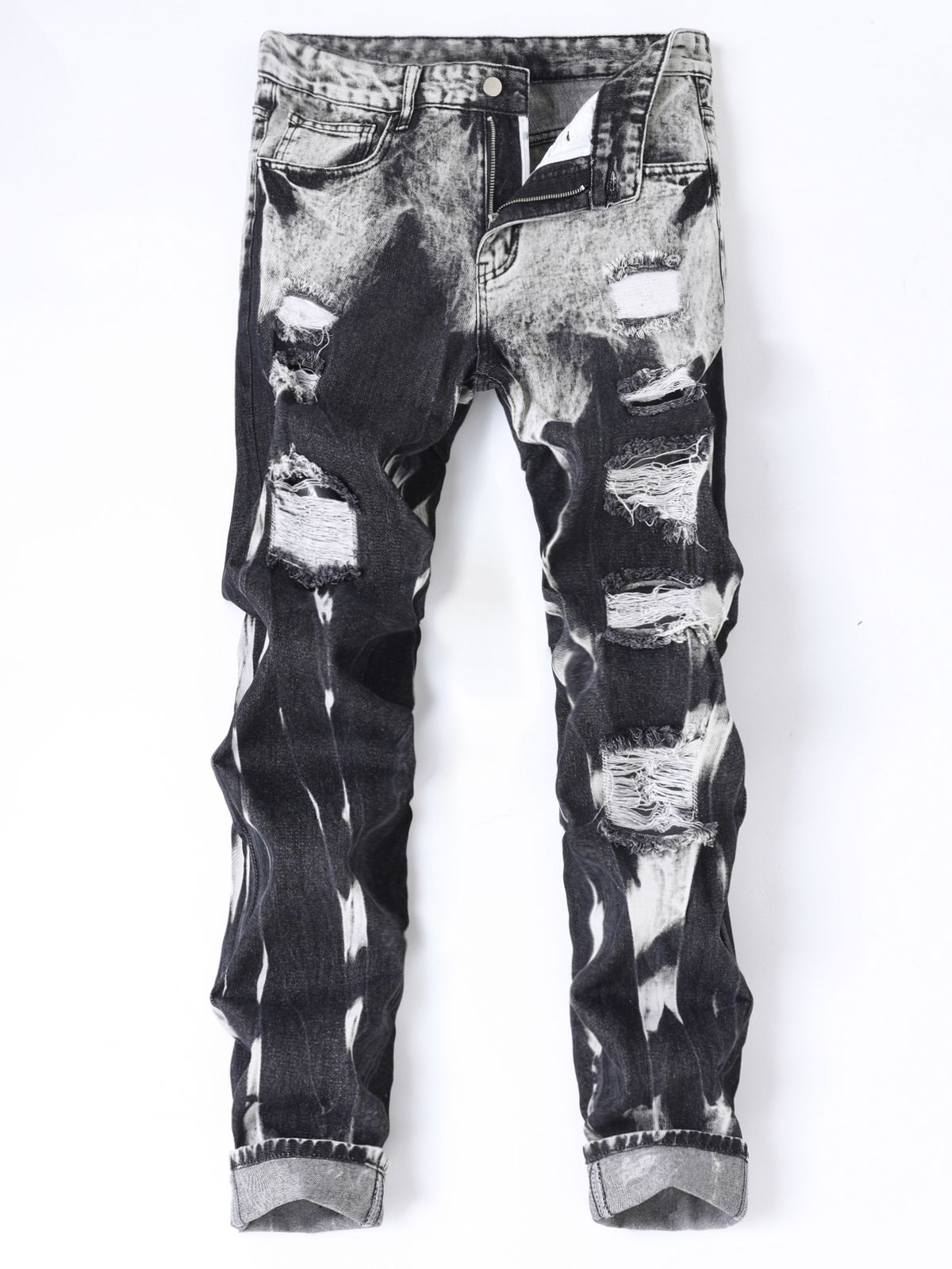 Spring And Summer Jeans With No Elasticity, Holes, Hollow Out Straight Leg Denim Pants, Streetwear Trend, Retro Tie Dye, Slim Fit Fashion Jeans_mkmklike.com
