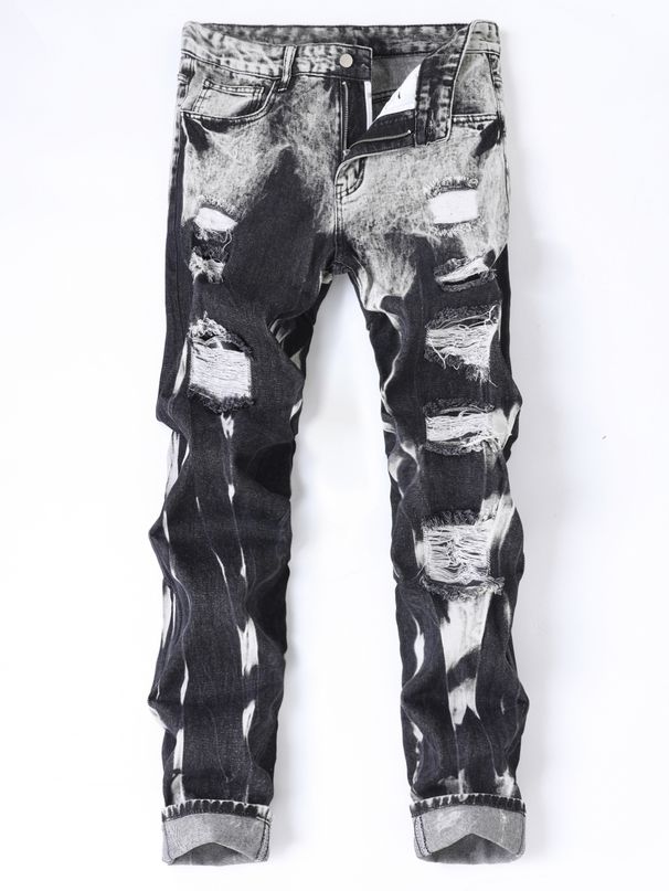 Spring And Summer Jeans With No Elasticity, Holes, Hollow Out Straight Leg Denim Pants, Streetwear Trend, Retro Tie Dye, Slim Fit Fashion Jeans_mkmklike.com