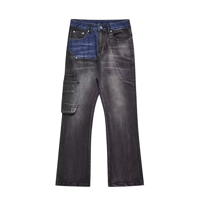 Men's Clothing New Straight Tube Micro Flared Workwear Jeans High Street Washed Gray Splicing Pants_mkmklike.com