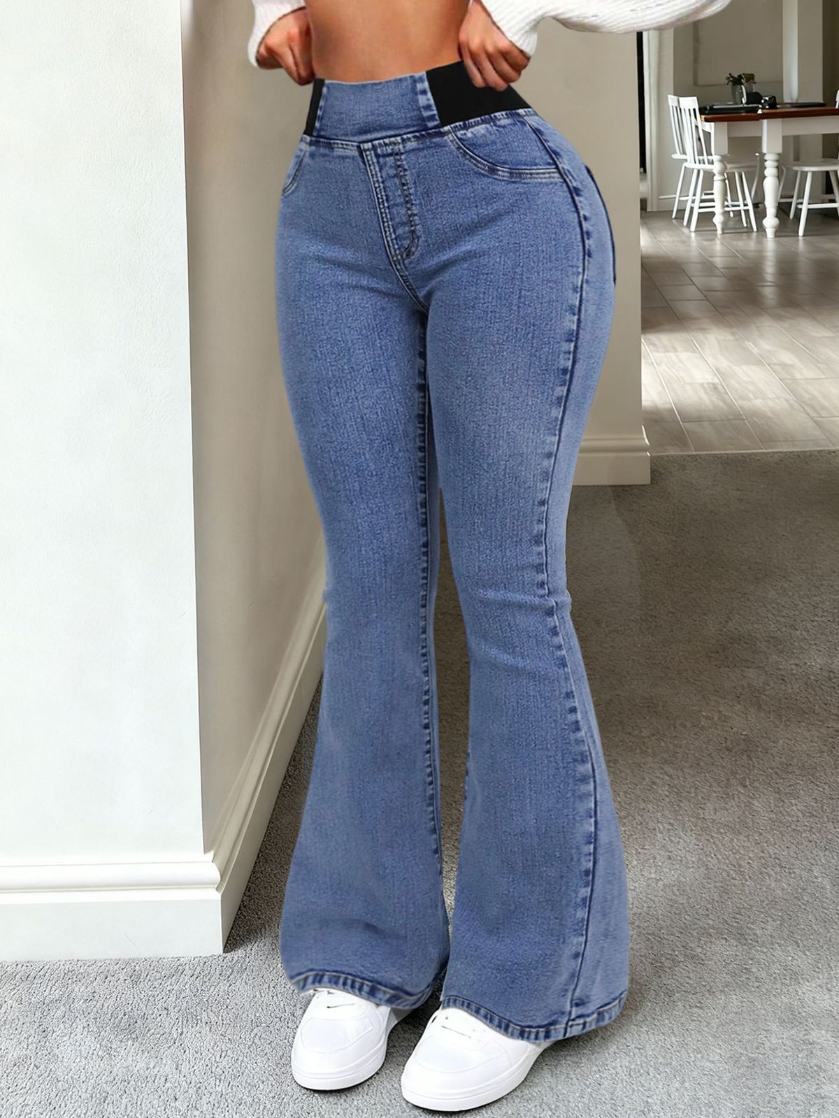 NY107 High-Waisted Stretch Flare Jeans for Women Elastic Waist Slimming Slightly Flared Long Jeans Versatile for Commute_mkmklike.com