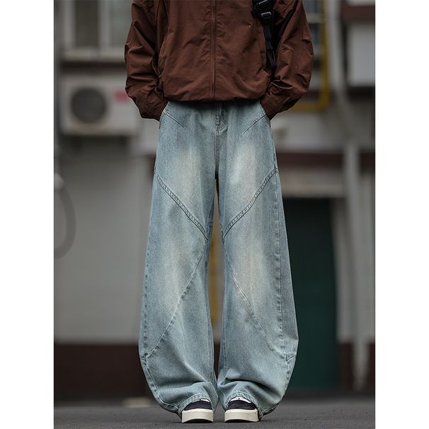 "Men's Distressed Patchwork Jeans – Vintage Washed With Asymmetrical Cut | Retro Loose Fit For Urban Streetwear"_mkmklike.com