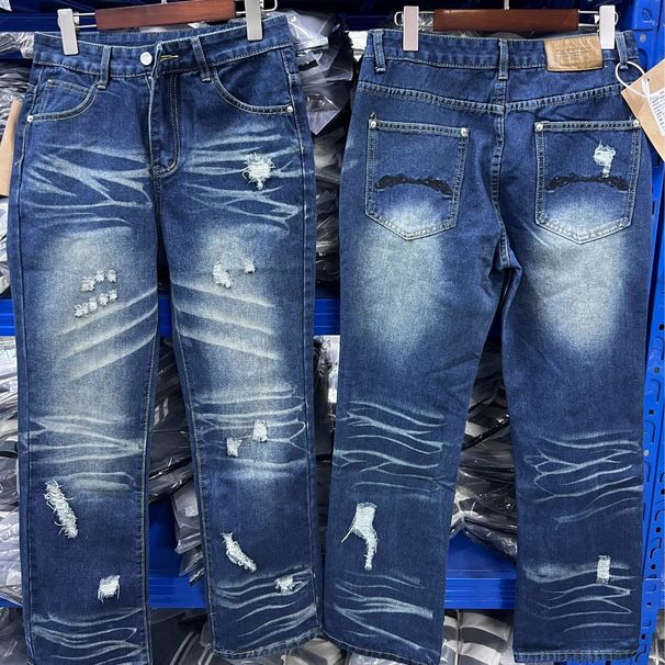 Men's Vintage Washed Blue Straight Leg Jeans – Distressed Retro Denim Pants (S-3XL, Relaxed Fit, Spring/Summer Casual Wear)_mkmklike.com