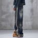 Men's Washed Blue Relaxed Straight Leg Jeans - Vintage Style Distressed Denim Pants For Casual & Streetwear_mkmklike.com