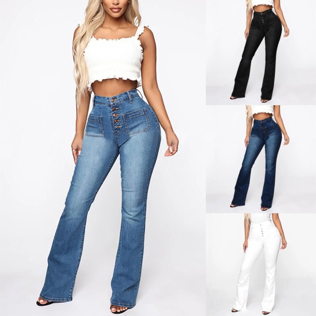 Women's Washed Denim Jeans With Button Pockets Button Detailing Casual Trousers_mkmklike.com